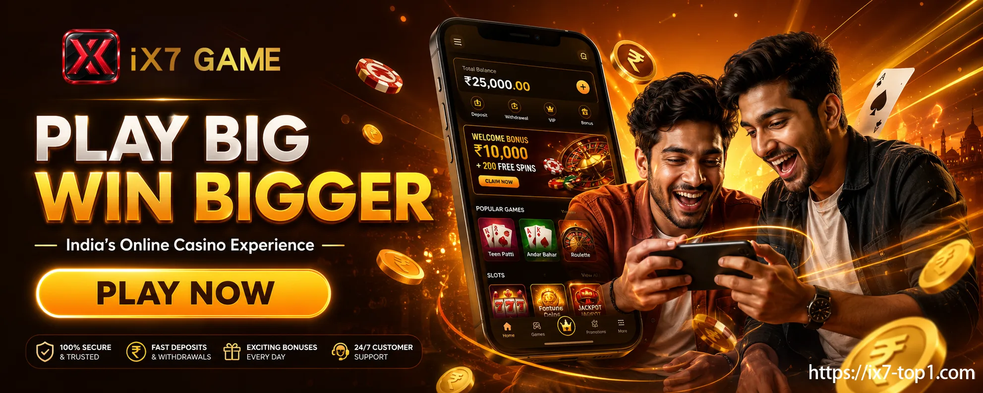 IX7 Game casino home page with mobile games and welcome offer